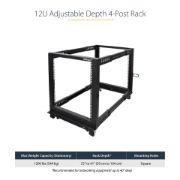 Picture of StarTech.com 4-Post 12U Mobile Open Frame Server Rack, Four Post 19" Network Rack with Wheels, Rolling Rack with Adjustable Depth for Computer/AV/Data/IT Equipment - Casters, Leveling Feet or Floor Mounting