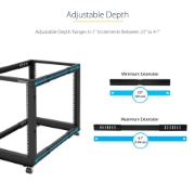 Picture of StarTech.com 4-Post 12U Mobile Open Frame Server Rack, Four Post 19" Network Rack with Wheels, Rolling Rack with Adjustable Depth for Computer/AV/Data/IT Equipment - Casters, Leveling Feet or Floor Mounting