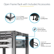 Picture of StarTech.com 4-Post 12U Mobile Open Frame Server Rack, Four Post 19" Network Rack with Wheels, Rolling Rack with Adjustable Depth for Computer/AV/Data/IT Equipment - Casters, Leveling Feet or Floor Mounting
