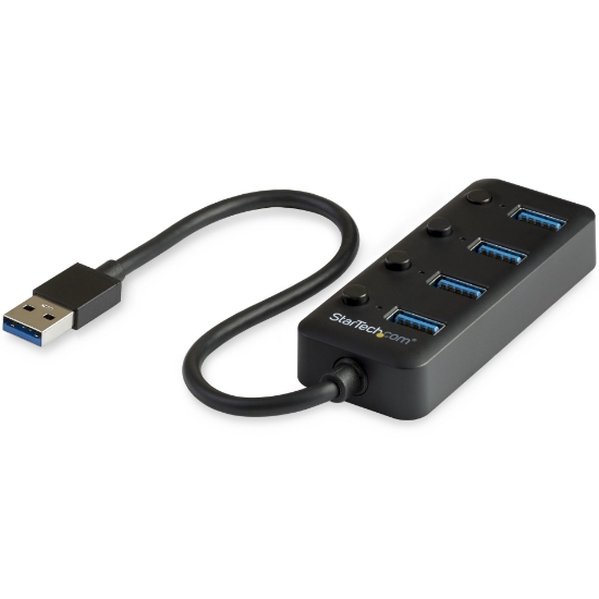 Picture of StarTech.com 4 Port USB 3.0 Hub - USB-A to 4x USB 3.0 Type-A with Individual On/Off Port Switches - SuperSpeed 5Gbps USB 3.1/3.2 Gen 1 - USB Bus Powered - Portable - 25cm Attached Cable~4 Port USB 3.0 Hub - USB-A to 4x USB 3.0 Type-A with Individual On/Off Port Switches - SuperSpeed USB 3.2 Gen 1 (5Gbps) - USB Bus Powered - Portable - 9.8" Attached Cable