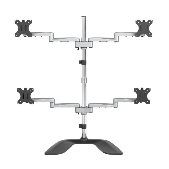 Picture of StarTech.com Desktop Quad Monitor Stand - Ergonomic VESA 4 Monitor Arm (2x2) up to 32" - Free Standing Articulating Universal Pole Mount - Height Adjustable/Tilt/Swivel/Rotate - Silver