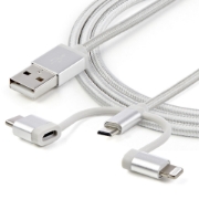 Picture of StarTech.com 1 m (3 ft.) USB Multi Charging Cable - USB to Micro-USB or USB-C or Lightning for iPhone / iPad / iPod / Android - Apple MFi Certified - 3 in 1 USB Charger - Braided