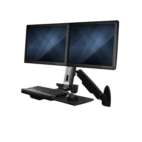 Picture of StarTech.com Wall Mount Workstation - Articulating Full Motion Standing Desk w/ Height Adjustable Dual VESA Monitor & Keyboard Tray Arm - Mouse/Scanner Holders - Ergonomic Wall Mounted Desk