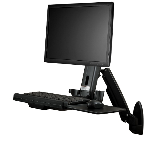 Picture of StarTech.com Wall Mount Workstation - Articulating Full Motion Standing Desk with Ergonomic Height Adjustable Monitor & Keyboard Tray Arm - Mouse & Scanner Holders - Single VESA Display
