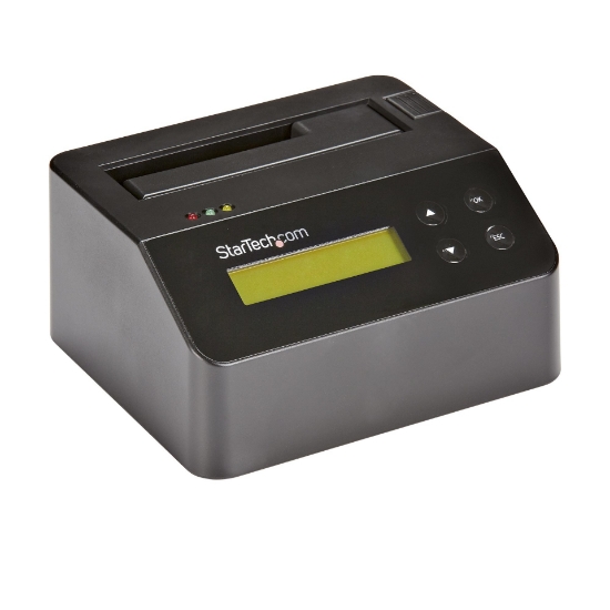 Picture of StarTech.com Single Bay Hard Drive Eraser, Standalone HDD/SSD Sanitizer, USB 3.0 to SATA II (3 Gbps), 9 Erase Modes, LCD Display, Secure Erase Hard Disk Sanitizer Dock, DB-9 Printer Port, TAA Compliant
