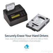 Picture of StarTech.com Single Bay Hard Drive Eraser, Standalone HDD/SSD Sanitizer, USB 3.0 to SATA II (3 Gbps), 9 Erase Modes, LCD Display, Secure Erase Hard Disk Sanitizer Dock, DB-9 Printer Port, TAA Compliant