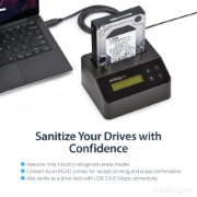 Picture of StarTech.com Single Bay Hard Drive Eraser, Standalone HDD/SSD Sanitizer, USB 3.0 to SATA II (3 Gbps), 9 Erase Modes, LCD Display, Secure Erase Hard Disk Sanitizer Dock, DB-9 Printer Port, TAA Compliant