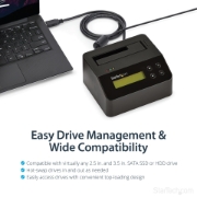 Picture of StarTech.com Single Bay Hard Drive Eraser, Standalone HDD/SSD Sanitizer, USB 3.0 to SATA II (3 Gbps), 9 Erase Modes, LCD Display, Secure Erase Hard Disk Sanitizer Dock, DB-9 Printer Port, TAA Compliant