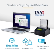 Picture of StarTech.com Single Bay Hard Drive Eraser, Standalone HDD/SSD Sanitizer, USB 3.0 to SATA II (3 Gbps), 9 Erase Modes, LCD Display, Secure Erase Hard Disk Sanitizer Dock, DB-9 Printer Port, TAA Compliant