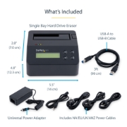 Picture of StarTech.com Single Bay Hard Drive Eraser, Standalone HDD/SSD Sanitizer, USB 3.0 to SATA II (3 Gbps), 9 Erase Modes, LCD Display, Secure Erase Hard Disk Sanitizer Dock, DB-9 Printer Port, TAA Compliant