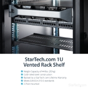 Picture of StarTech.com 1U Server Rack Shelf - Universal Vented Rack Mount Cantilever Tray for 19" Network Equipment Rack & Cabinet - Heavy Duty Steel - Weight Capacity 44lb/20kg - 10" Deep Shelf, Black