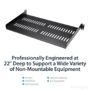 Picture of StarTech.com 1U Server Rack Shelf - Universal Vented Rack Mount Cantilever Tray for 19" Network Equipment Rack & Cabinet - Heavy Duty Steel - Weight Capacity 44lb/20kg - 10" Deep Shelf, Black