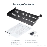 Picture of StarTech.com 1U Server Rack Shelf - Universal Vented Rack Mount Cantilever Tray for 19" Network Equipment Rack & Cabinet - Heavy Duty Steel - Weight Capacity 44lb/20kg - 10" Deep Shelf, Black