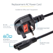 Picture of StarTech.com 3ft (1m) UK Laptop Power Cable, BS 1363 to C7, 2.5A 250V, 18AWG, Black, UK Laptop Replacement Cord, Printer Power Cable, AC Laptop Charger Cord, Laptop Power Brick Cord