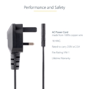 Picture of StarTech.com 3ft (1m) UK Laptop Power Cable, BS 1363 to C7, 2.5A 250V, 18AWG, Black, UK Laptop Replacement Cord, Printer Power Cable, AC Laptop Charger Cord, Laptop Power Brick Cord