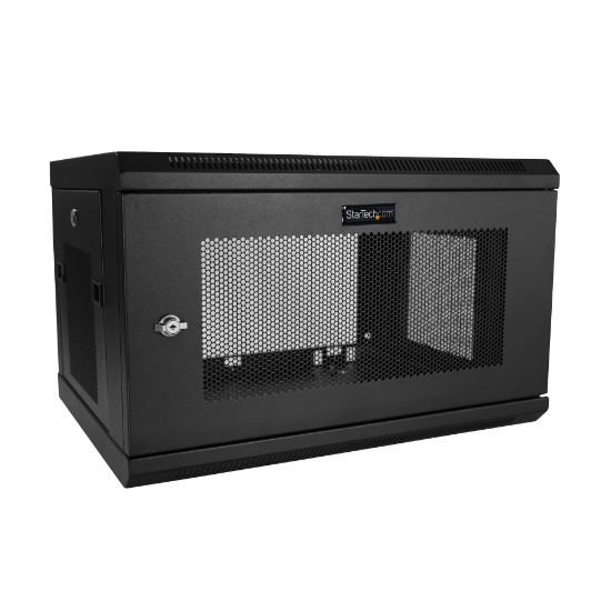 Picture of StarTech.com 2-Post 6U Wall Mount Network Cabinet with 1U Shelf, 19" Wall-Mounted Server Rack for Data / Networking / AV / Electronics / Computer Equipment, Small Vented Rack Enclosure