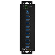 Picture of StarTech.com 10-Port USB 3.0 Hub with Power Adapter - Metal Industrial USB-A Hub with ESD & 350W Surge Protection - Din/Wall/Desk Mountable - High Speed USB 3.2 Gen 1 (5Gbps) Hub