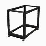 Picture of StarTech.com 4-Post 15U Mobile Open Frame Server Rack, Four Post 19" Network Rack with Wheels, Rolling Rack with Adjustable Depth for Computer/AV/Data/IT Equipment - Casters, Leveling Feet or Floor Mounting