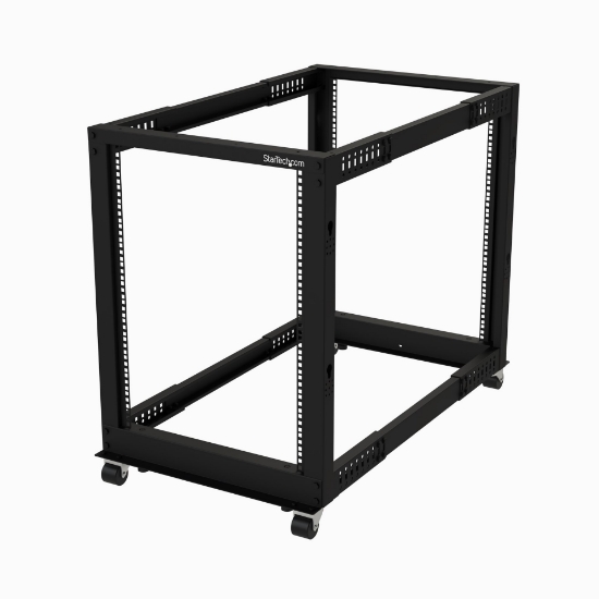 Picture of StarTech.com 4-Post 15U Mobile Open Frame Server Rack, Four Post 19" Network Rack with Wheels, Rolling Rack with Adjustable Depth for Computer/AV/Data/IT Equipment - Casters, Leveling Feet or Floor Mounting