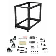 Picture of StarTech.com 4-Post 15U Mobile Open Frame Server Rack, Four Post 19" Network Rack with Wheels, Rolling Rack with Adjustable Depth for Computer/AV/Data/IT Equipment - Casters, Leveling Feet or Floor Mounting