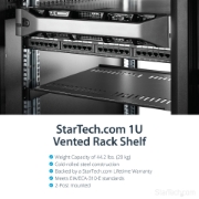 Picture of StarTech.com 1U Server Rack Shelf - Universal Vented Rack Mount Cantilever Tray for 19" Network Equipment Rack & Cabinet - Heavy Duty Steel – Weight Capacity 44lb/20kg - 16" Deep Shelf, Black