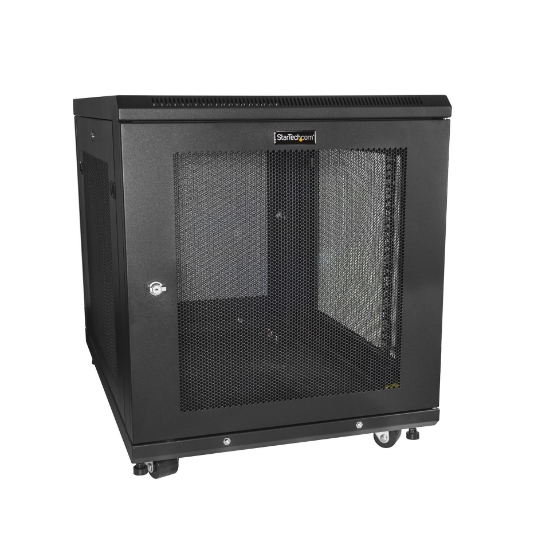 Picture of StarTech.com 4-Post 12U Server Rack Cabinet, Lockable 19" Data Rack Cabinet for Computer / AV / IT Equipment, Office / Home Network Rack with Casters & Adjustable Mounting Rails