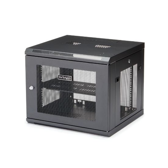 Picture of StarTech.com 4-Post 9U Wall Mount Network Cabinet with 1U Shelf, 19" Wall-Mounted Server Rack for Data / AV / Electronics / Computer Equipment, Small Vented Rack Enclosure