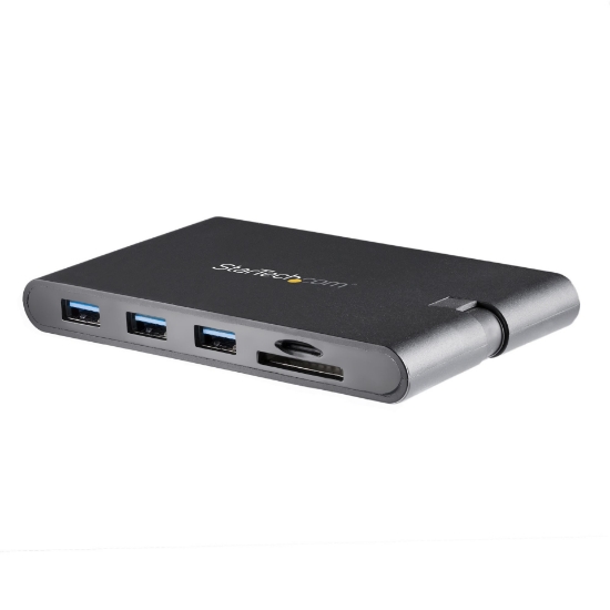 Picture of StarTech.com USB C Multiport Adapter - USB Type-C Mini Dock with HDMI 4K or VGA 1080p Video - 100W Power Delivery Passthrough, 3-port USB 3.0 Hub, GbE, SD & MicroSD - Laptop Travel Dock