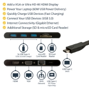 Picture of StarTech.com USB C Multiport Adapter - USB Type-C Mini Dock with HDMI 4K or VGA 1080p Video - 100W Power Delivery Passthrough, 3-port USB 3.0 Hub, GbE, SD & MicroSD - Laptop Travel Dock