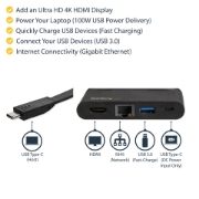 Picture of StarTech.com USB C Multiport Adapter - Portable USB-C Dock with 4K HDMI - 100W PD 3.0 Pass-Through, 1x USB-A, 1x USB-C, GbE - Thunderbolt 3 & USB Type-C Laptop Travel Dock - Mac & Windows