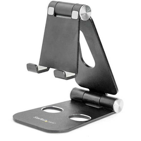 Picture of StarTech.com Phone and Tablet Stand - Foldable Universal Mobile Device Holder for Smartphones & Tablets - Adjustable Multi-Angle Ergonomic Cell Phone Stand for Desk - Portable - Black