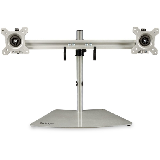Picture of StarTech.com Dual Monitor Stand - Ergonomic Free Standing Dual Monitor Desktop Stand for two 24" VESA Mount Displays - Synchronized Height Adjustable - Double Monitor Pole Mount - Silver