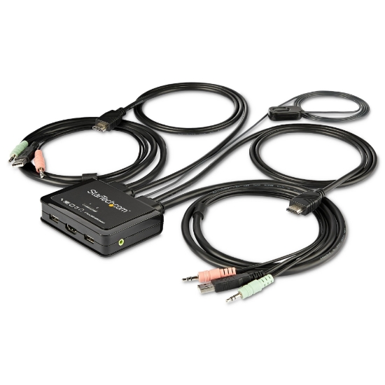 Picture of StarTech.com 2 Port HDMI KVM Switch - 4K 60Hz - Compact Dual Port UHD/Ultra HD USB Desktop KVM Switch w/Integrated 4ft Cables & Audio - Bus Powered & Remote Switching - MacBook ThinkPad