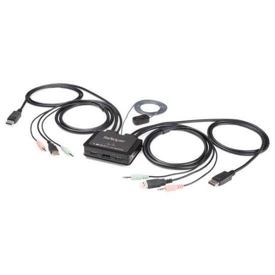 Picture of StarTech.com 2 Port DisplayPort KVM Switch - 4K 60Hz - Compact Dual Port UHD DP 1.2 USB Desktop KVM Switch with 4ft Cables & Audio - Bus Powered & Remote Switching - MacBook ThinkPad