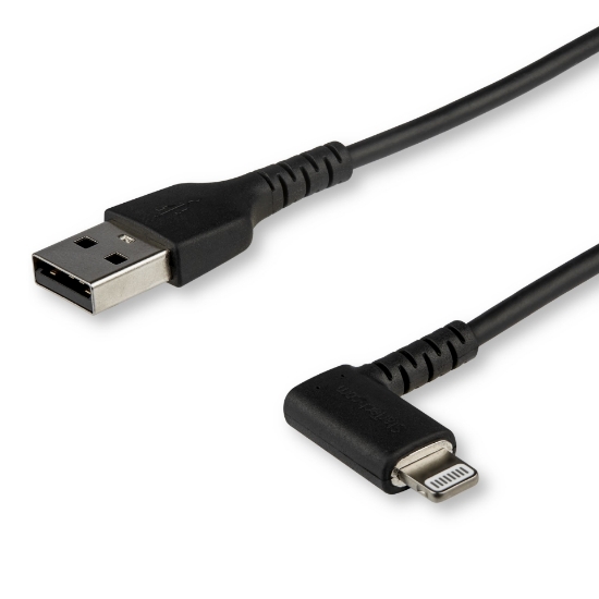Picture of StarTech.com 6ft (2m) Durable USB A to Lightning Cable - Black 90° Right Angled Heavy Duty Rugged Aramid Fiber USB Type A to Lightning Charging/Sync Cord - Apple MFi Certified - iPhone