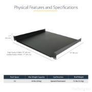 Picture of StarTech.com 1U Server Rack Shelf - Universal Rack Mount Cantilever Shelf for 19" Network Equipment Rack & Cabinet - Heavy Duty Steel – Weight Capacity 44lb/20kg - 16" Deep Tray, Black