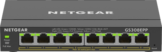 Picture of NETGEAR 8-Port Gigabit Ethernet High-Power PoE+ Plus Switch (GS308EPP) Managed L2/L3 Gigabit Ethernet (10/100/1000) Power over Ethernet (PoE) Black