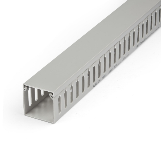 Picture of StarTech.com Open Slot Cable Management Raceway with Cover, 2"(50mm)W x 2"(50mm)H - 6.5ft(2m) length - 1/4"(8mm) Slots, PVC Network Cable Hider/Wall Wire Duct, Max 80 Cables, UL Listed