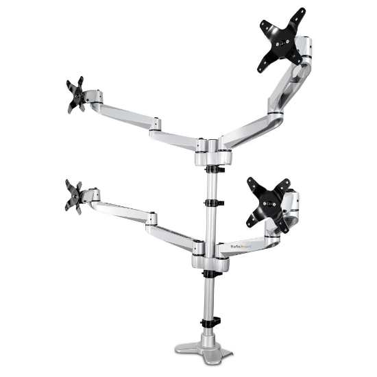 Picture of StarTech.com Desk Mount Quad Monitor Arm – Premium Articulating VESA 4 Monitor Mount 2x2 up to 30" – Ergonomic Height Adjustable Pole Mount - Tilt/Swivel/Rotate - C-Clamp/Grommet - Silver