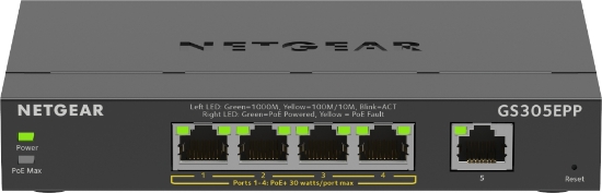 Picture of NETGEAR 5-Port Gigabit Ethernet High-Power PoE+ Plus Switch (GS305EPP) Managed L2/L3 Gigabit Ethernet (10/100/1000) Power over Ethernet (PoE) Black