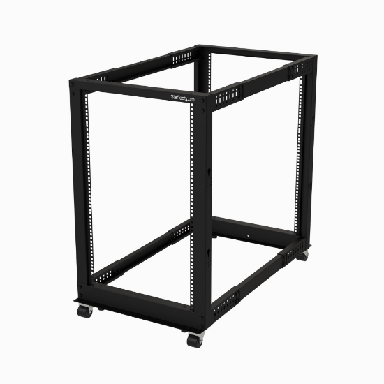 Picture of StarTech.com 4-Post 18U Mobile Open Frame Server Rack, Four Post 19" Network Rack with Wheels, Rolling Rack with Adjustable Depth for Computer/AV/Data/IT Equipment - Casters, Leveling Feet or Floor Mounting