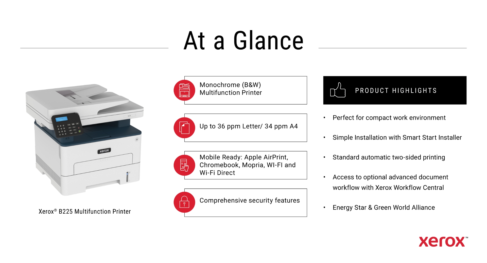Xerox B225 A4 34ppm Wireless Duplex Copy/Print/Scan PS3 PCL5e/6 ADF 2 ...