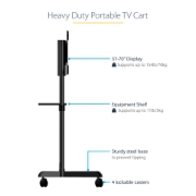 Picture of StarTech.com Mobile TV Cart - Portable Rolling TV Stand for 37-70" VESA Display (154lb/70kg) - TV Stand w/Shelf & Storage Compartment - Rotate/Tilt Display - Universal TV Mount on Wheels