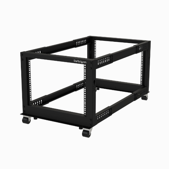 Picture of StarTech.com 4-Post 8U Mobile Open Frame Server Rack, Four Post 19in Network Rack with Wheels, Small Rolling Rack with Adjustable Depth for Computer/AV/Data/IT Equipment - Casters, Leveling Feet or Floor Mounting