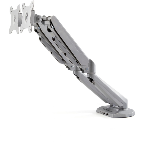 Picture of StarTech.com Desk Mount Dual Monitor Arm with USB & Audio - Desk Clamp VESA Mount for up to 32 inch Displays - 2x USB, 2x 3.5mm audio - Ergonomic Full Motion Dual Monitor Arm - Silver