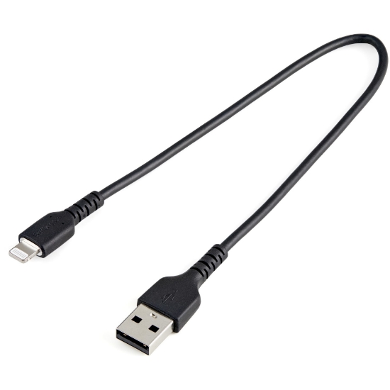 Picture of StarTech.com 12inch (30cm) Durable Black USB-A to Lightning Cable - Heavy Duty Rugged Aramid Fiber USB Type A to Lightning Charger/Sync Power Cord - Apple MFi Certified iPad/iPhone 12
