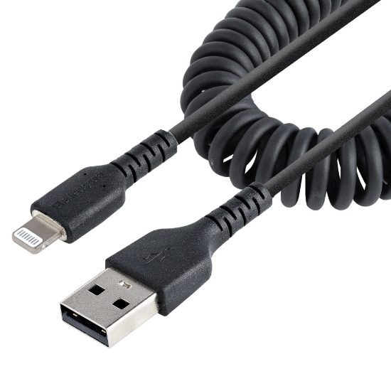 Picture of StarTech.com 50cm (20in) USB to Lightning Cable, MFi Certified, Coiled iPhone Charger Cable, Black, Durable TPE Jacket Aramid Fiber, Heavy Duty Coil Lightning Cable