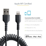 Picture of StarTech.com 50cm (20in) USB to Lightning Cable, MFi Certified, Coiled iPhone Charger Cable, Black, Durable TPE Jacket Aramid Fiber, Heavy Duty Coil Lightning Cable