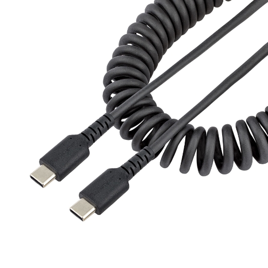 Picture of StarTech.com 3ft (1m) USB C Charging Cable, Coiled Heavy Duty Fast Charge & Sync USB-C Cable, USB 2.0 Type-C Cable, Rugged Aramid Fiber, Durable Male to Male USB Cable, Black