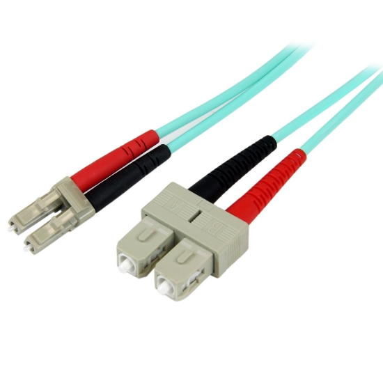 Picture of StarTech.com 5m (16.4ft) LC/UPC to SC/UPC OM3 Multimode Fiber Optic Cable, Full Duplex 50/125µm Zipcord Fiber Cable, 100G, Low Insertion Loss, LSZH Fiber Jumper Cord